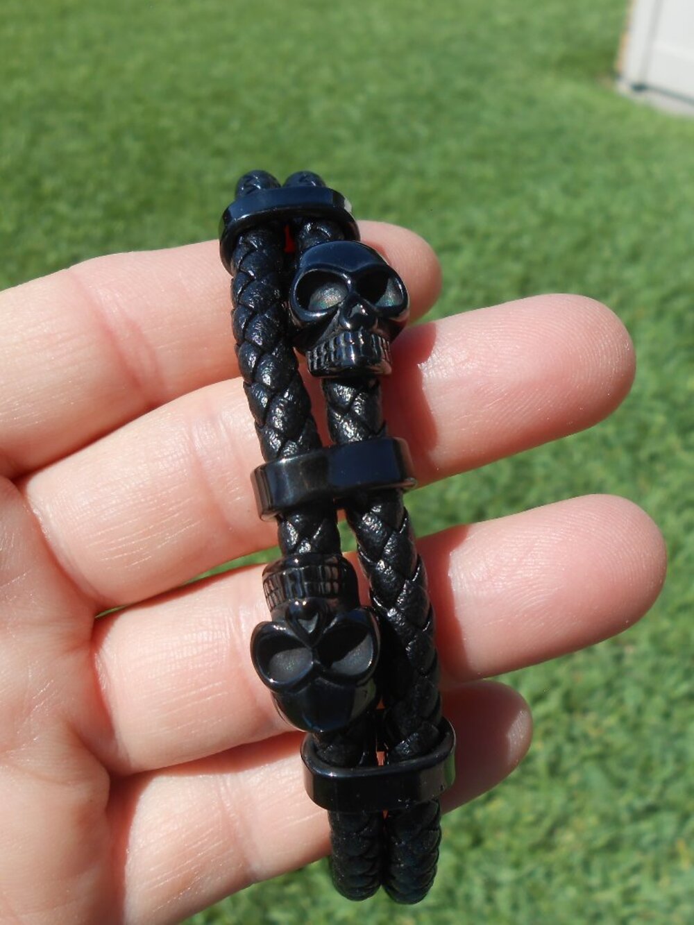 Men's Stainless Steel Genuine Leather Double Skull Bracelet